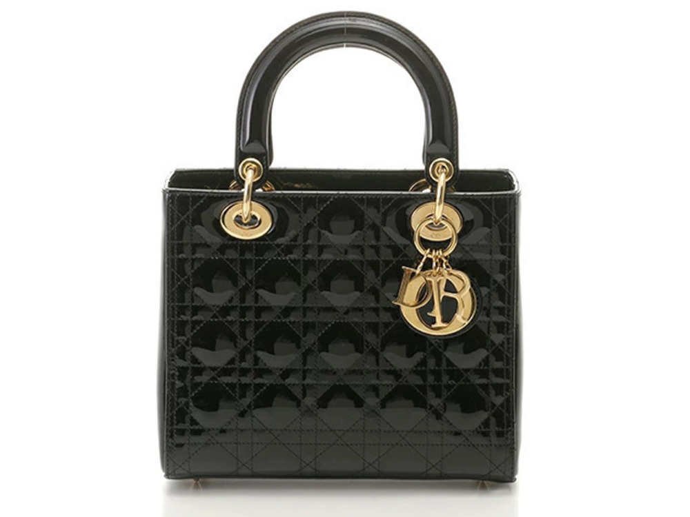 Christian Dior Lady Cannage Handbag Black Enamel